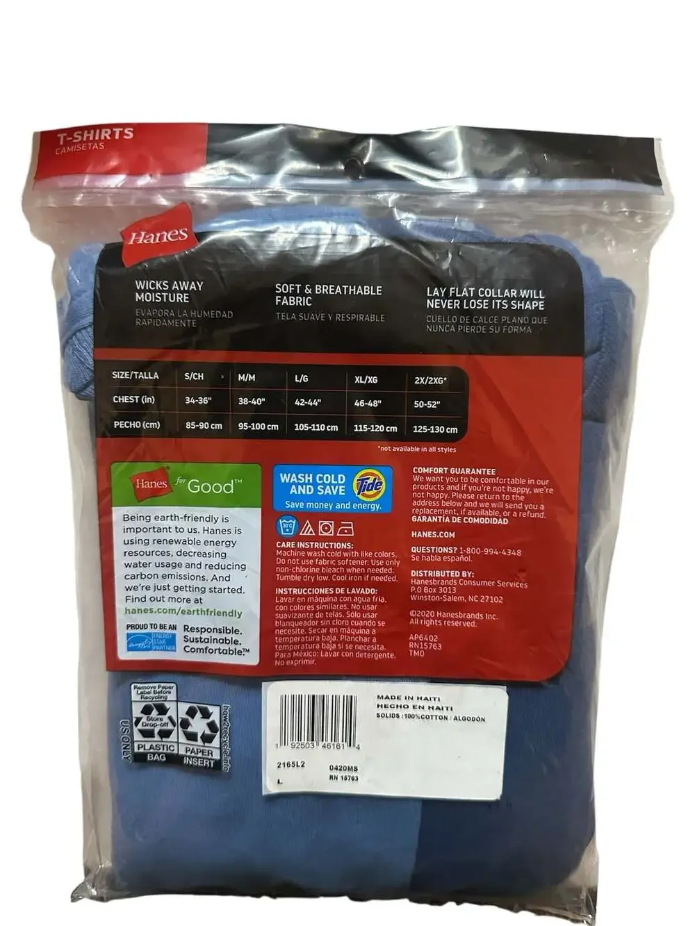Hanes Men's 2-Pack Tagless T-Shirts Wicking Cool Comfort Fabric Blue Size Large
